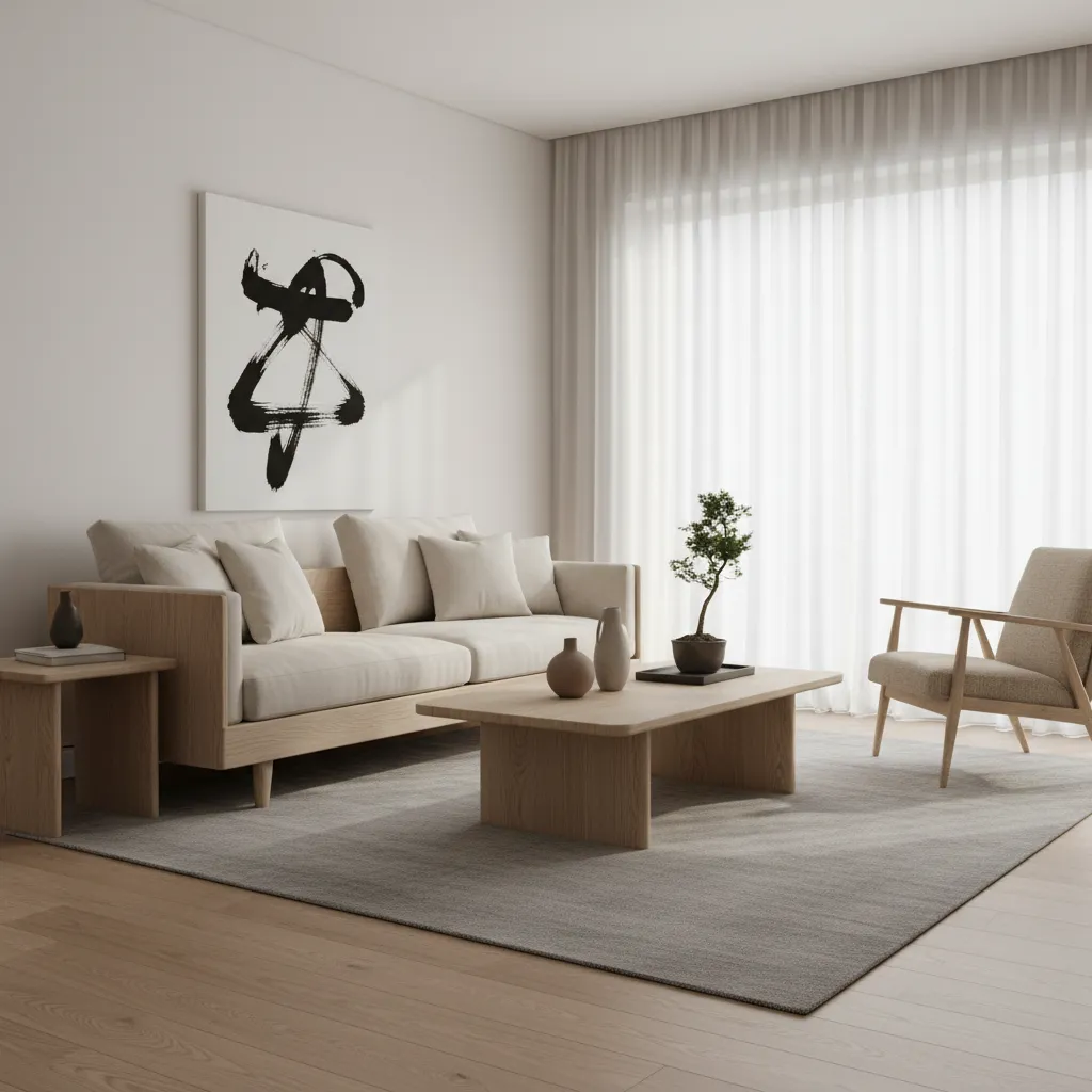 Interior de casa estilo japandi con madera clara y minimalismo
