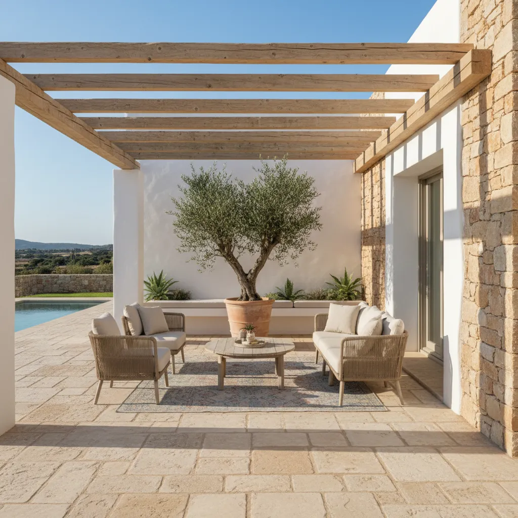Casa de estilo mediterráneo moderno con patio y materiales naturales