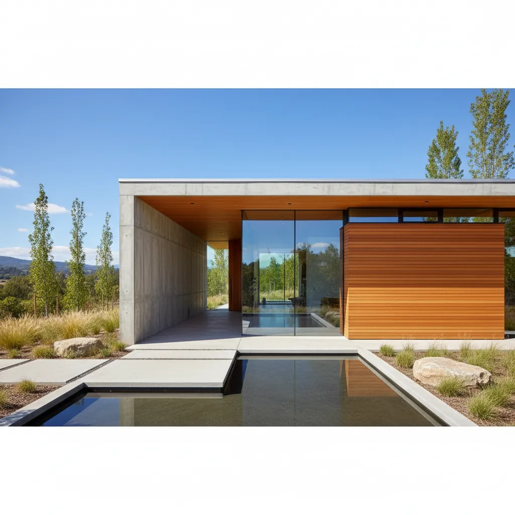 Modern house with flat roof concrete walls wood paneling glass windows and a reflecting pool