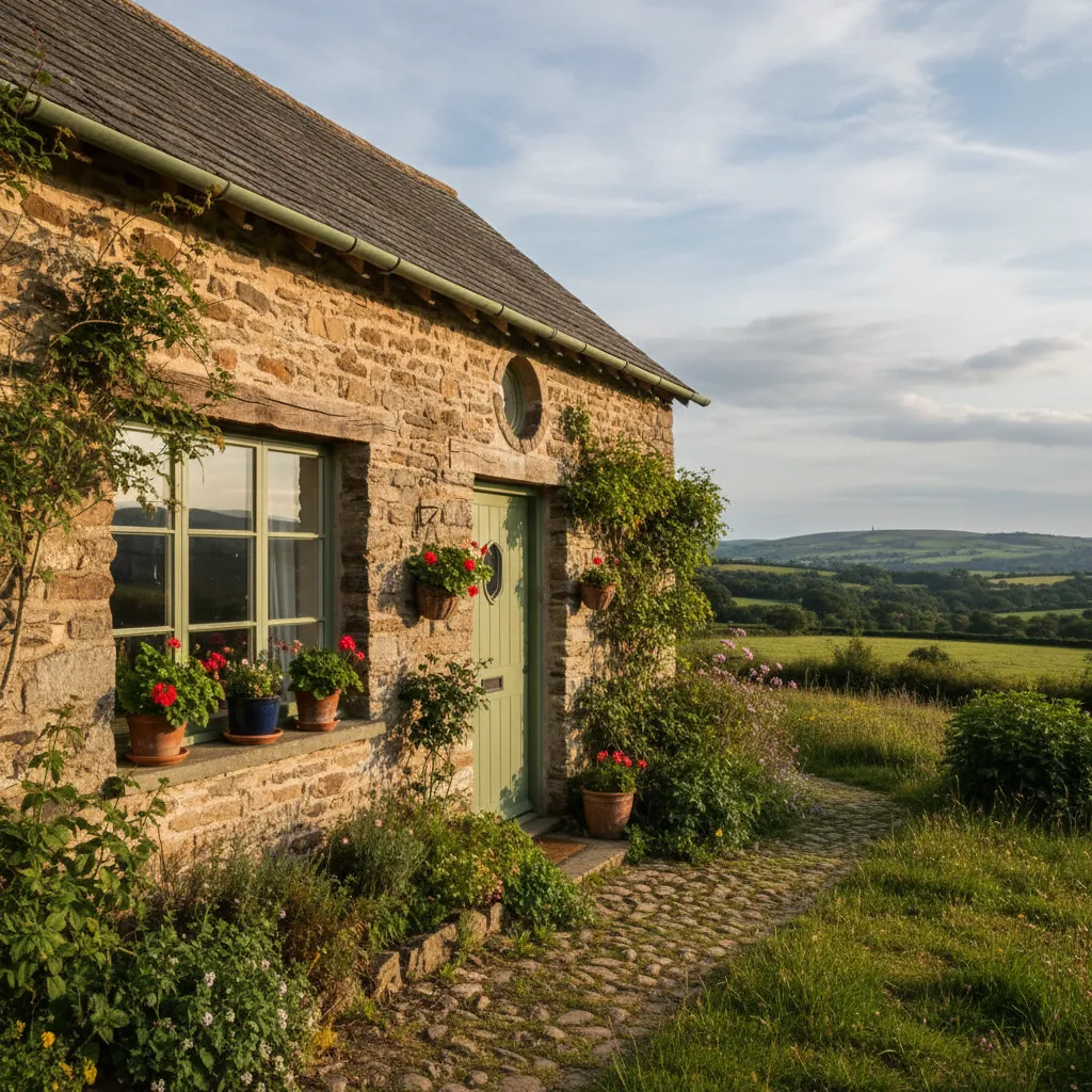 Casa estilo rústico con puerta verde oliva y pared de piedra