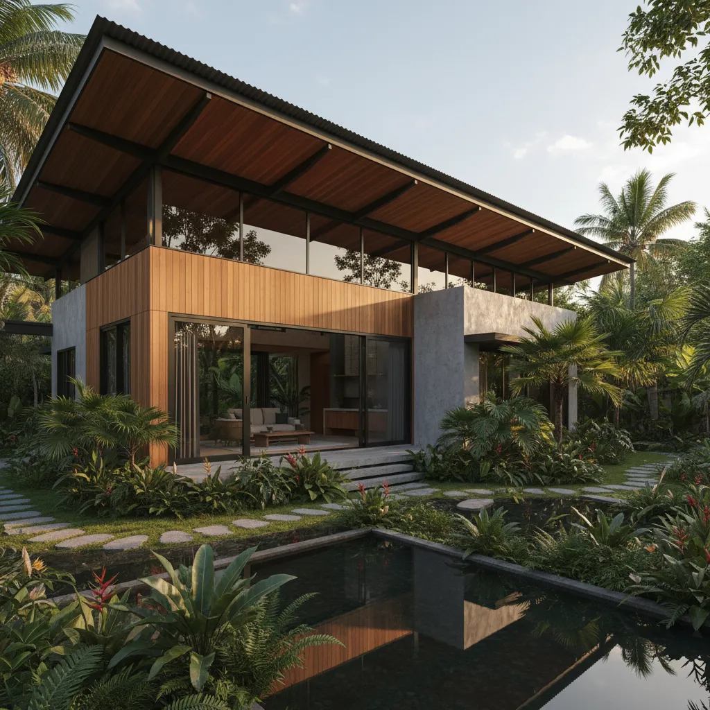 Casa de estilo tropical moderno con grandes aleros