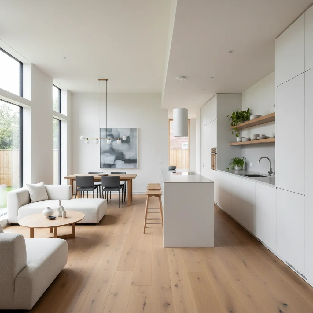 Interior de casa estrecha con sala y cocina abiertas