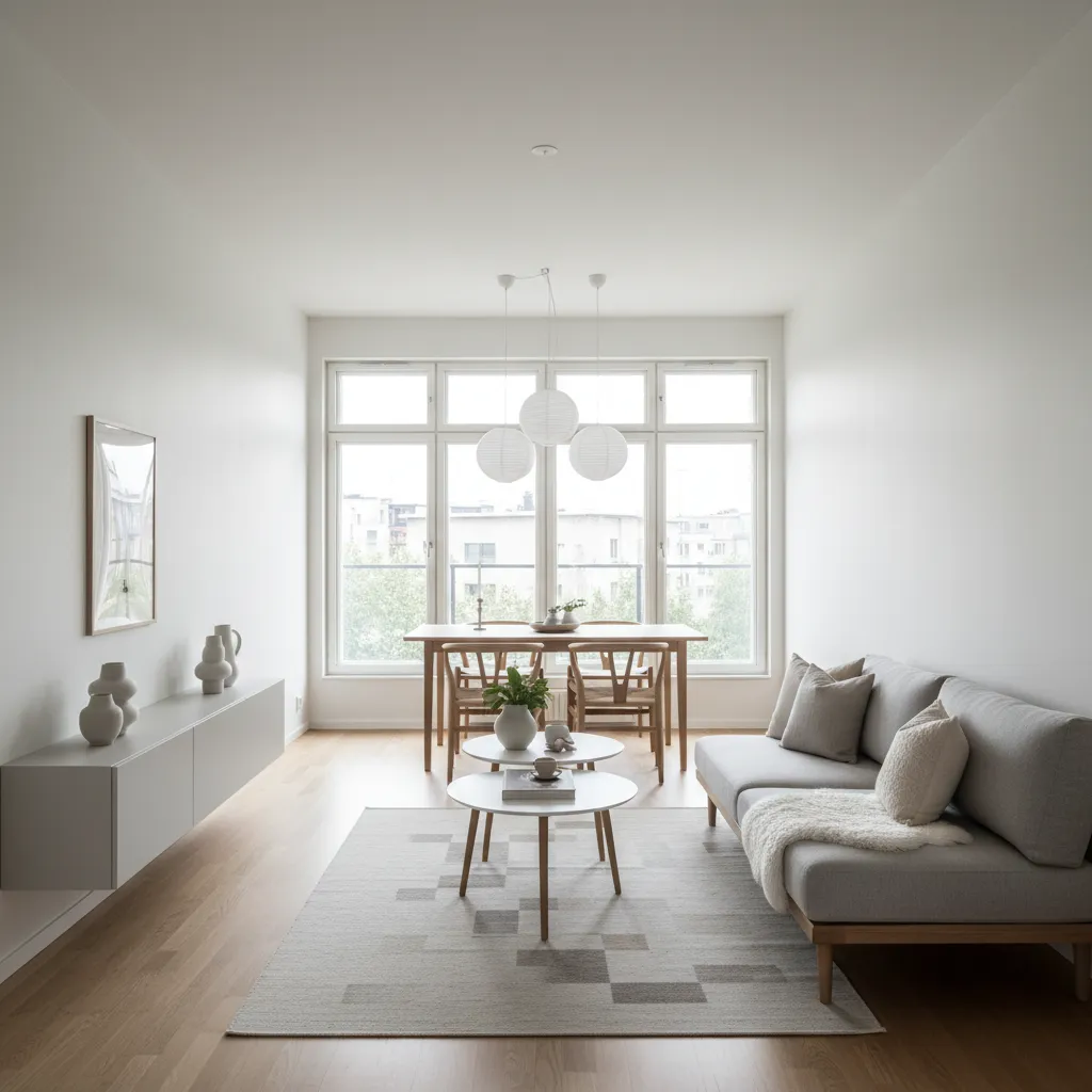 Interior luminoso de casa estrecha con sala y comedor alineados
