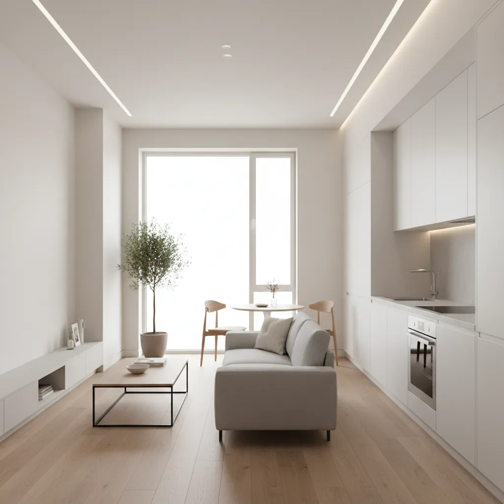 interior de casa estreita com sala e cozinha integradas em terreno 5x13