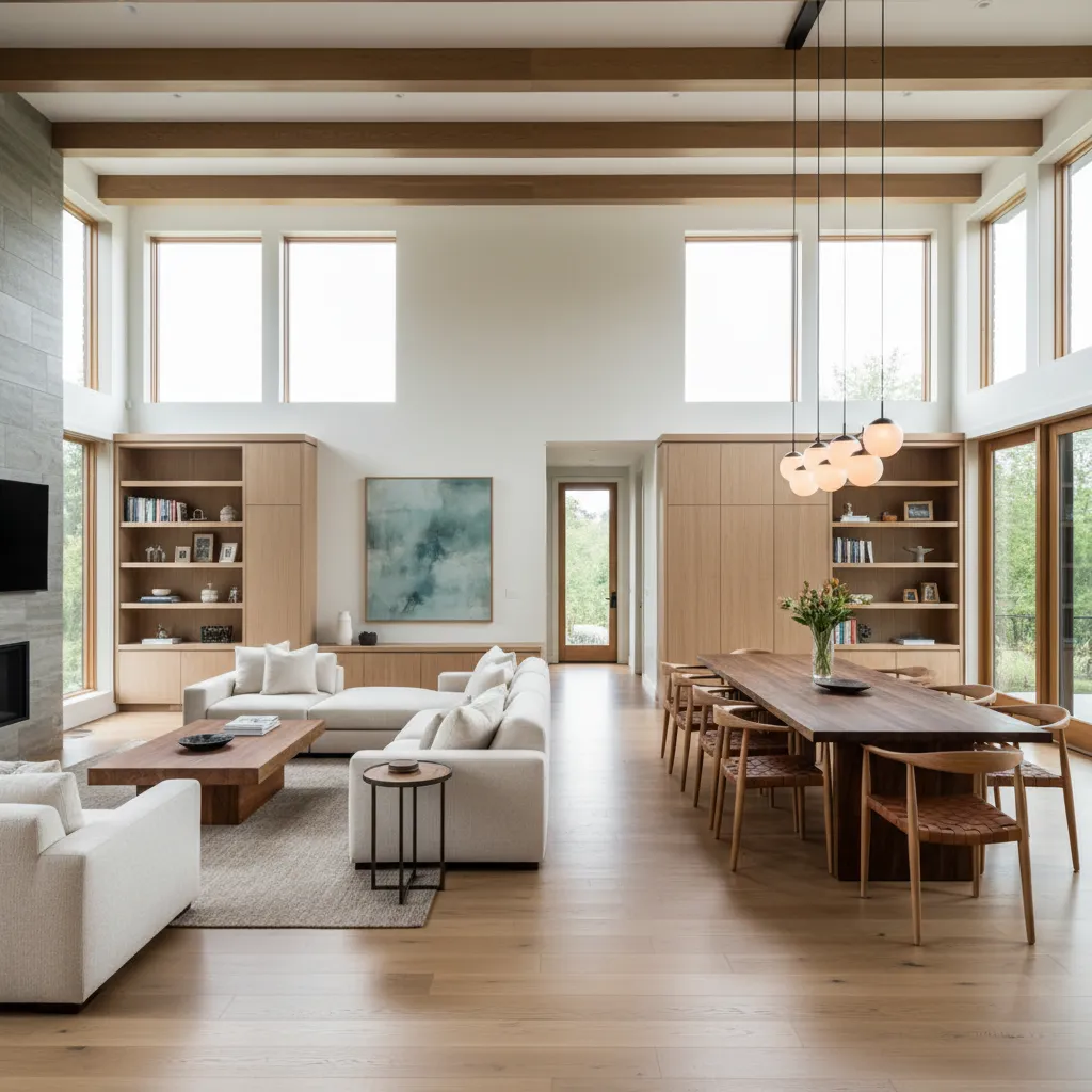 Interior de una casa familiar grande con salón amplio conectado con comedor