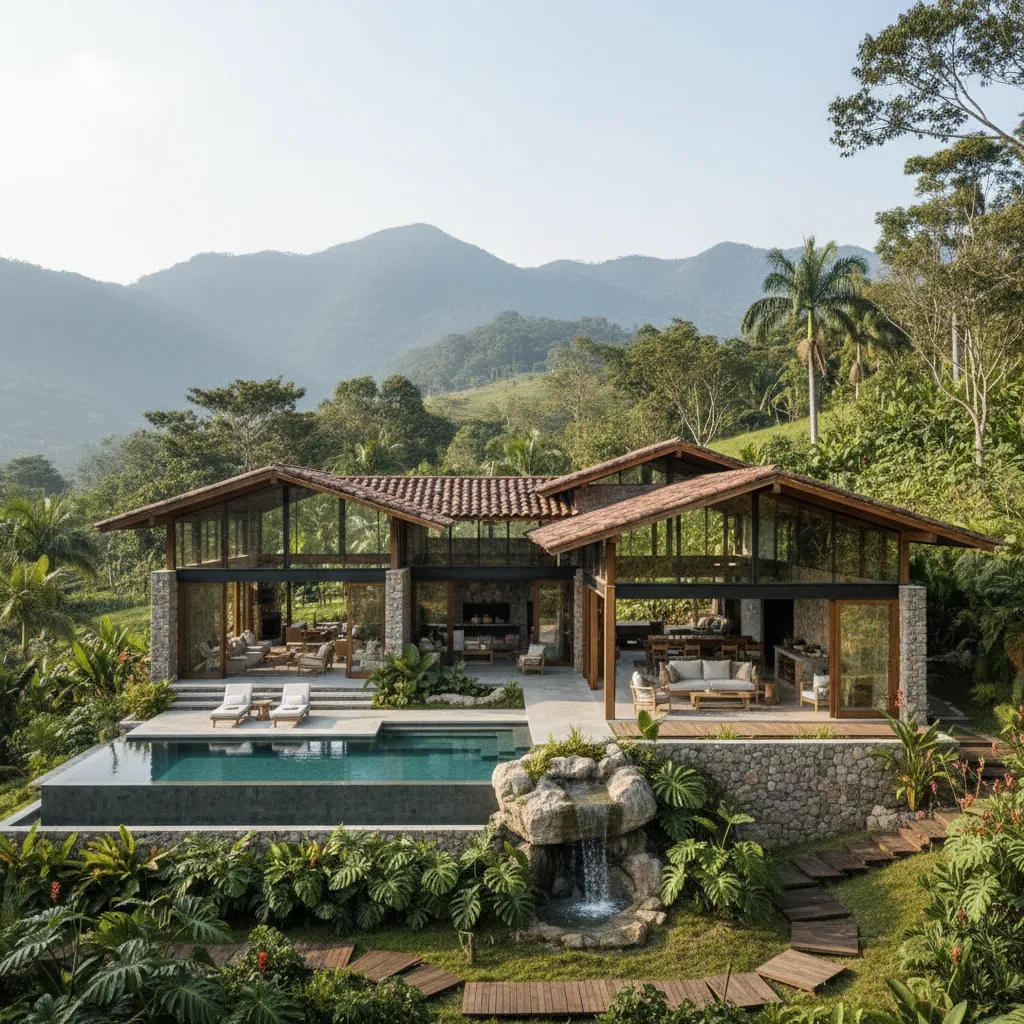 Casa finca moderna con grandes ventanales y techo inclinado