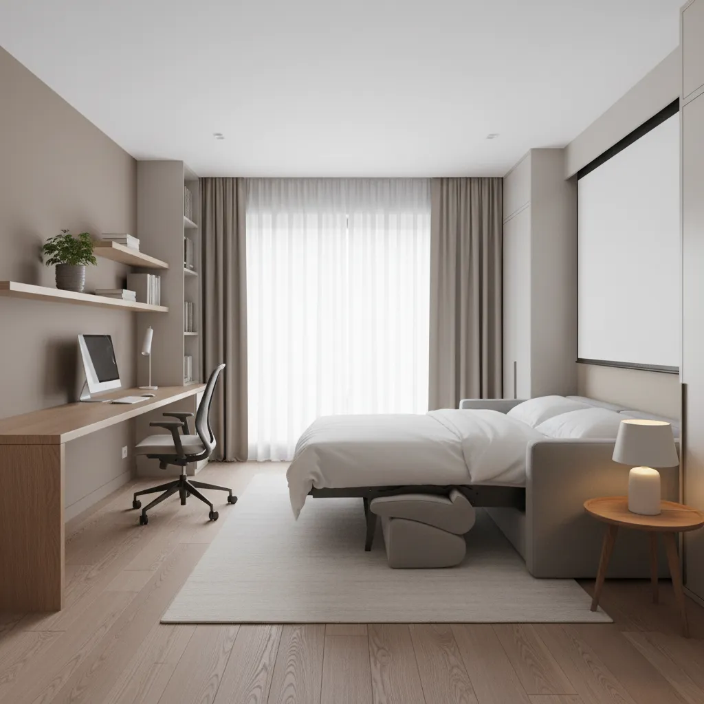 Modern small bedroom featuring a sofa bed wood desk office chair and neutral color walls