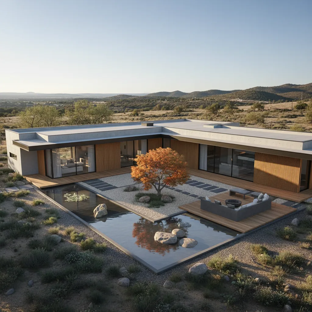Casa moderna en forma de L con patio y jardín
