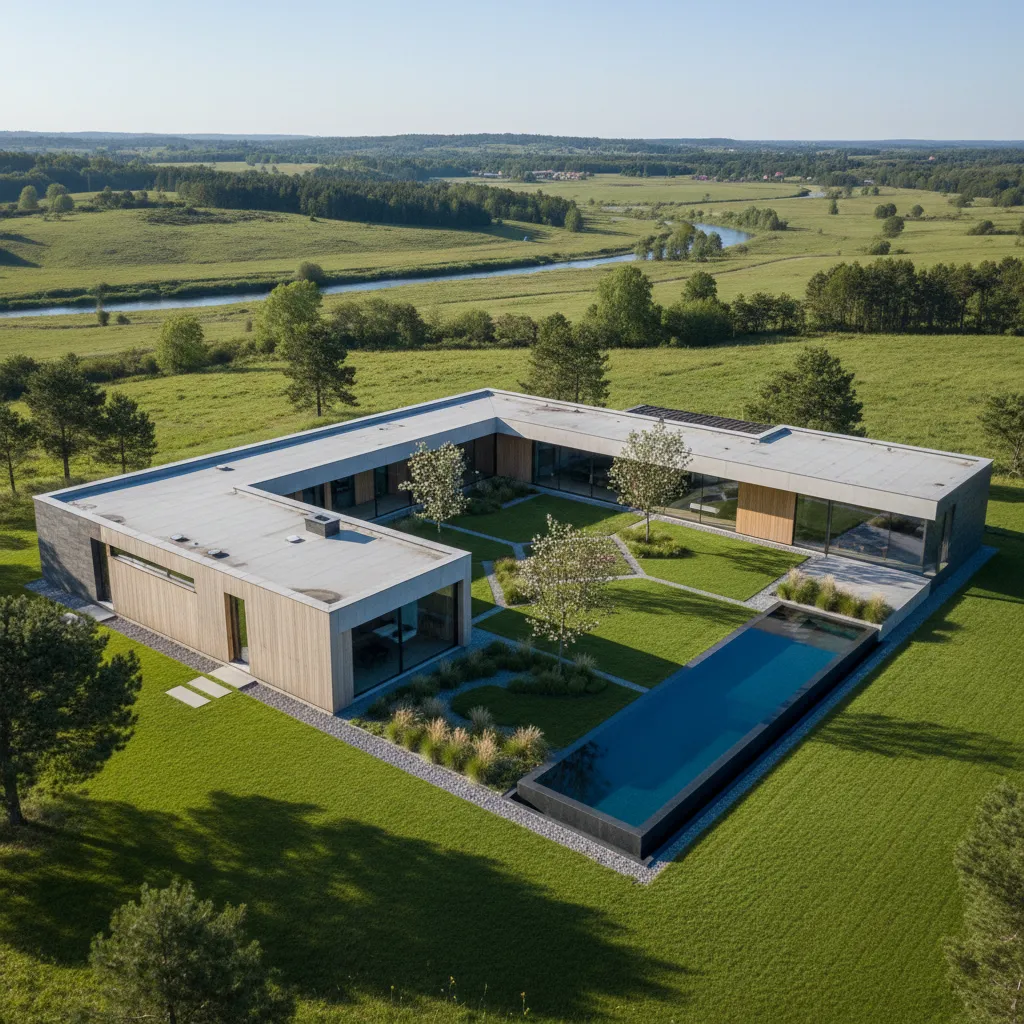 Vista aérea de una vivienda contemporánea con forma de U