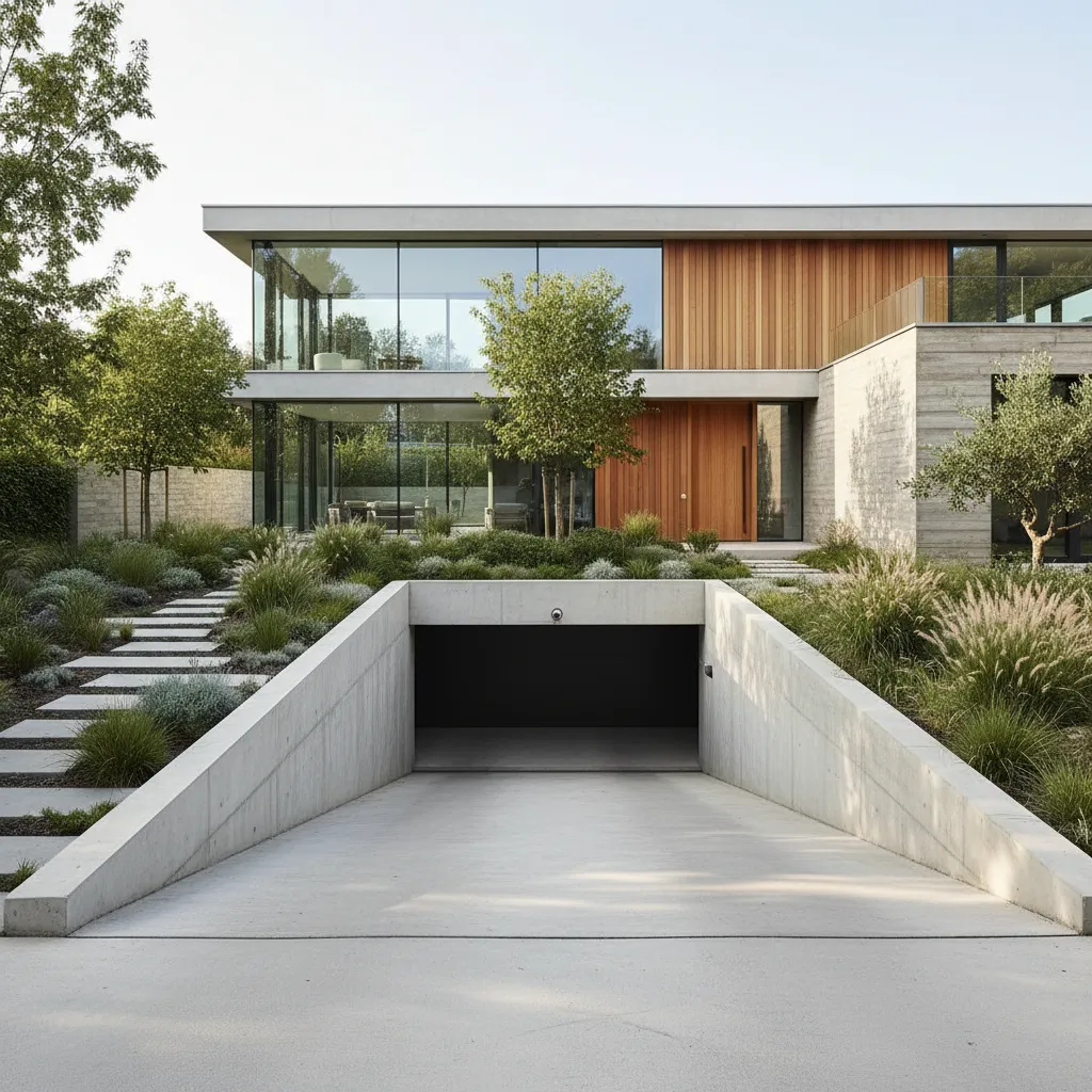Modern house with large glass windows wooden walls green garden and a concrete underground garage