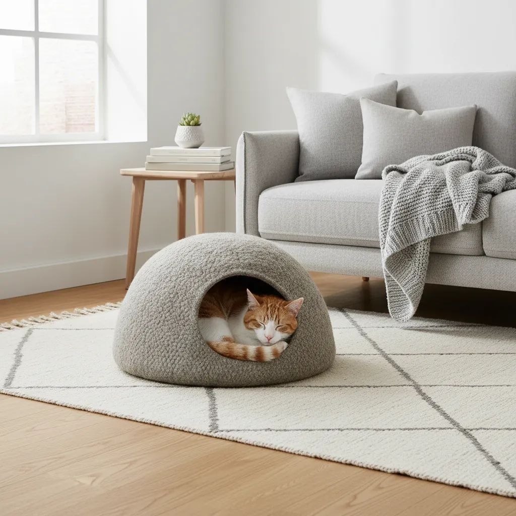 Casa para gatos hecha de fieltro en interior moderno