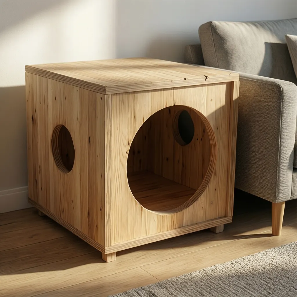 Casa para gato de madera con diseño minimalista