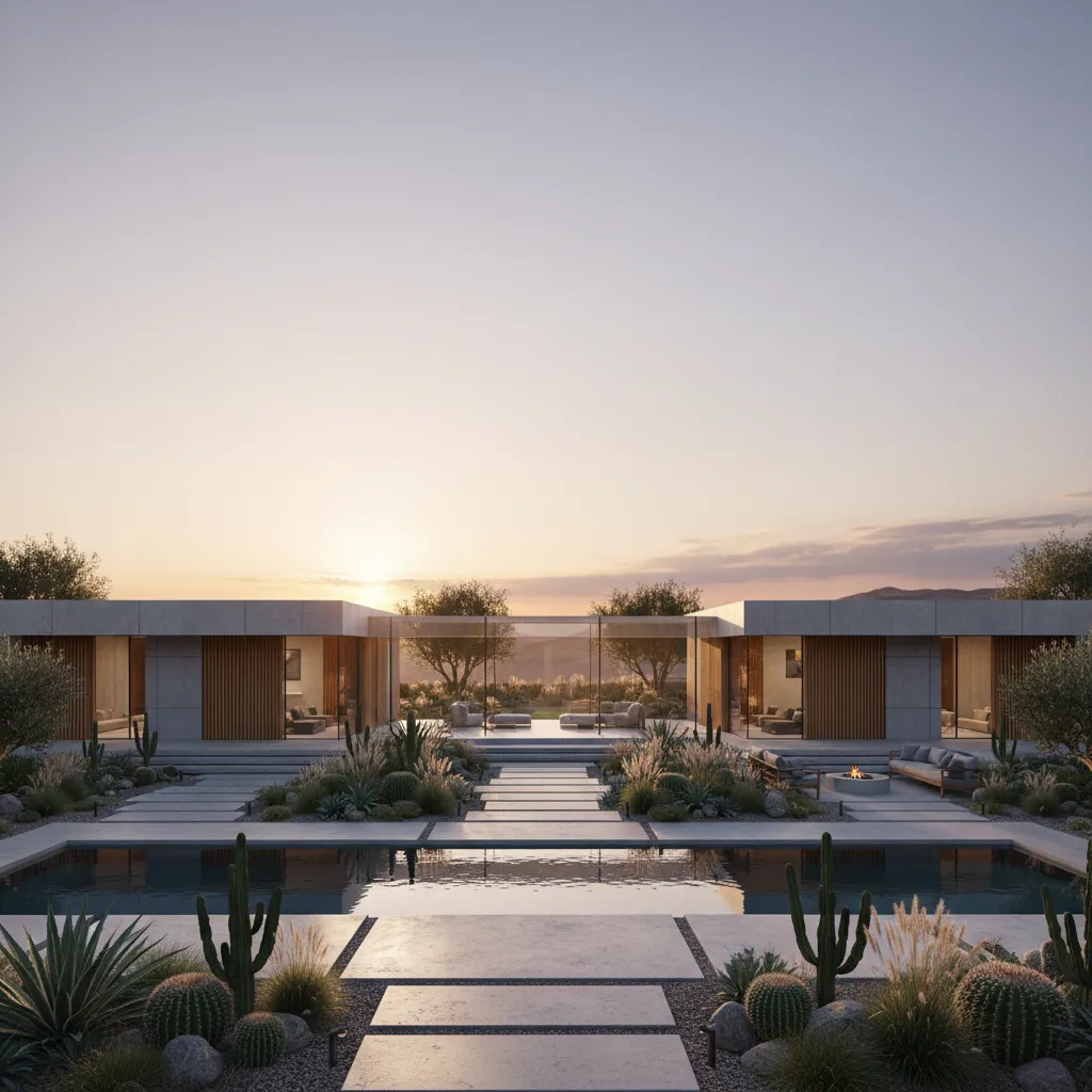 Render exterior de una casa contemporánea de una planta con forma de H