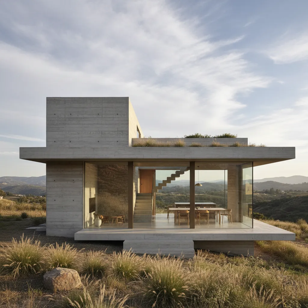 Pequeña casa moderna de hormigón con grandes ventanales