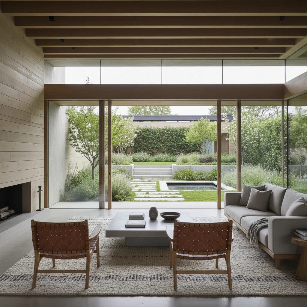 Vivienda moderna donde el salón se conecta visualmente con un jardín diseñado