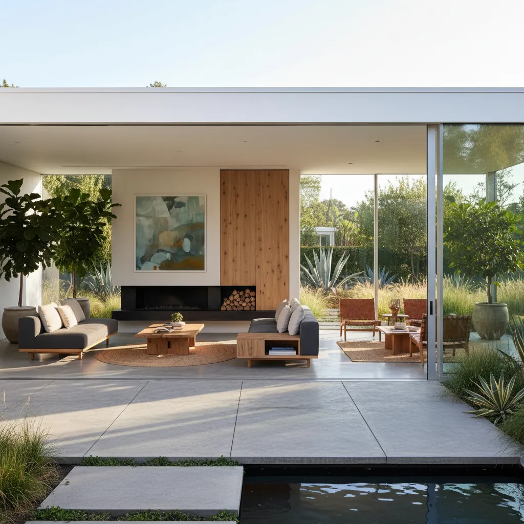 Casa de una planta conectada con jardín mediante puertas de vidrio