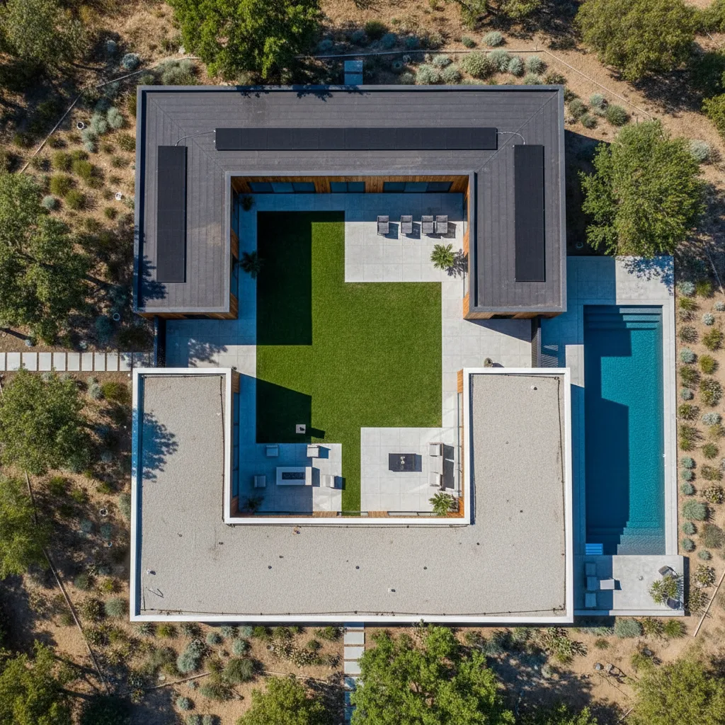Vista aérea de una casa en forma de L rodeando un jardín