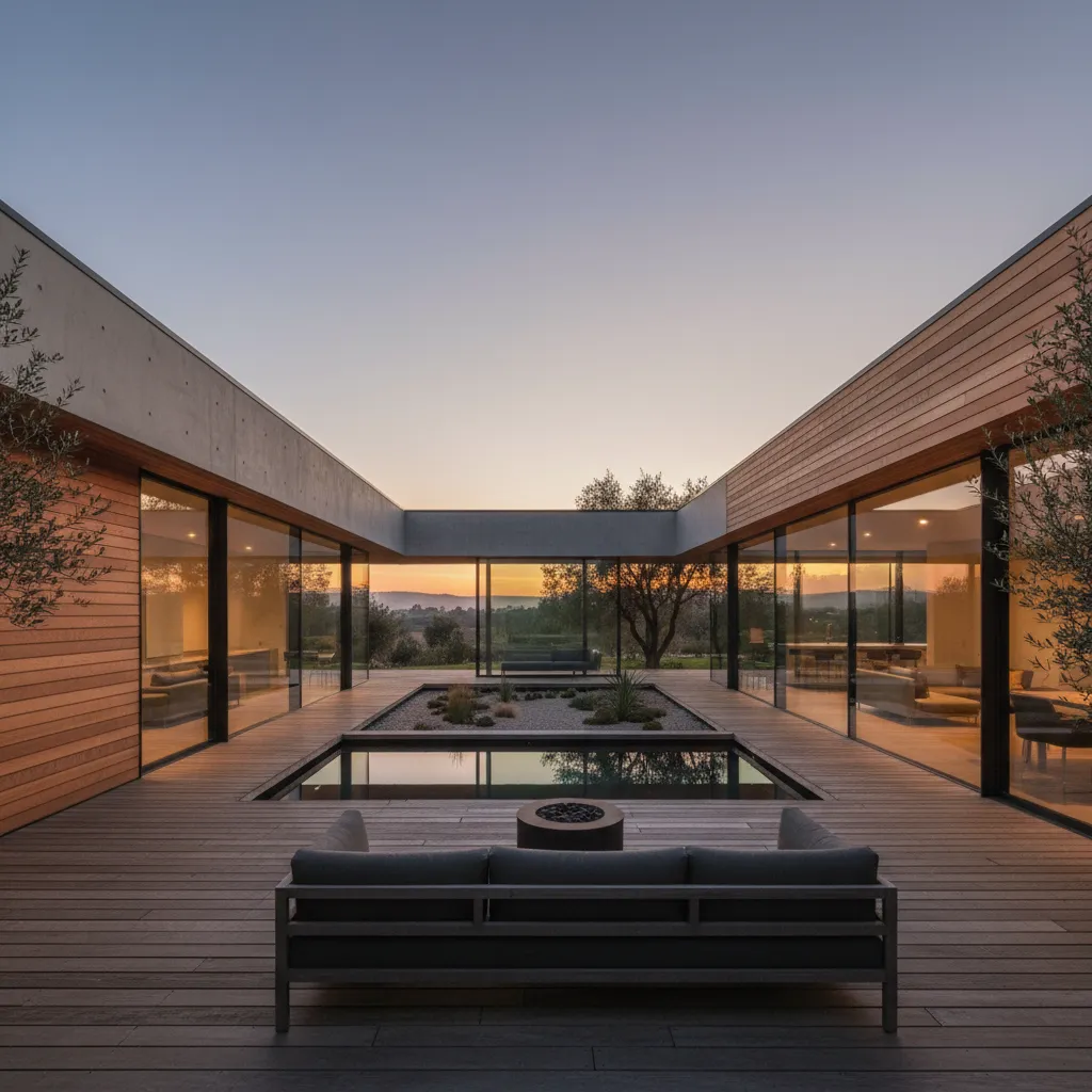 Exterior de una casa moderna en forma de L con grandes ventanales