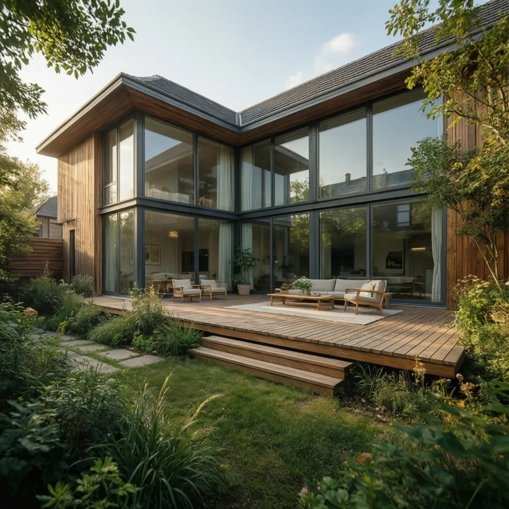 Casa en forma de L abierta hacia un patio privado con jardín