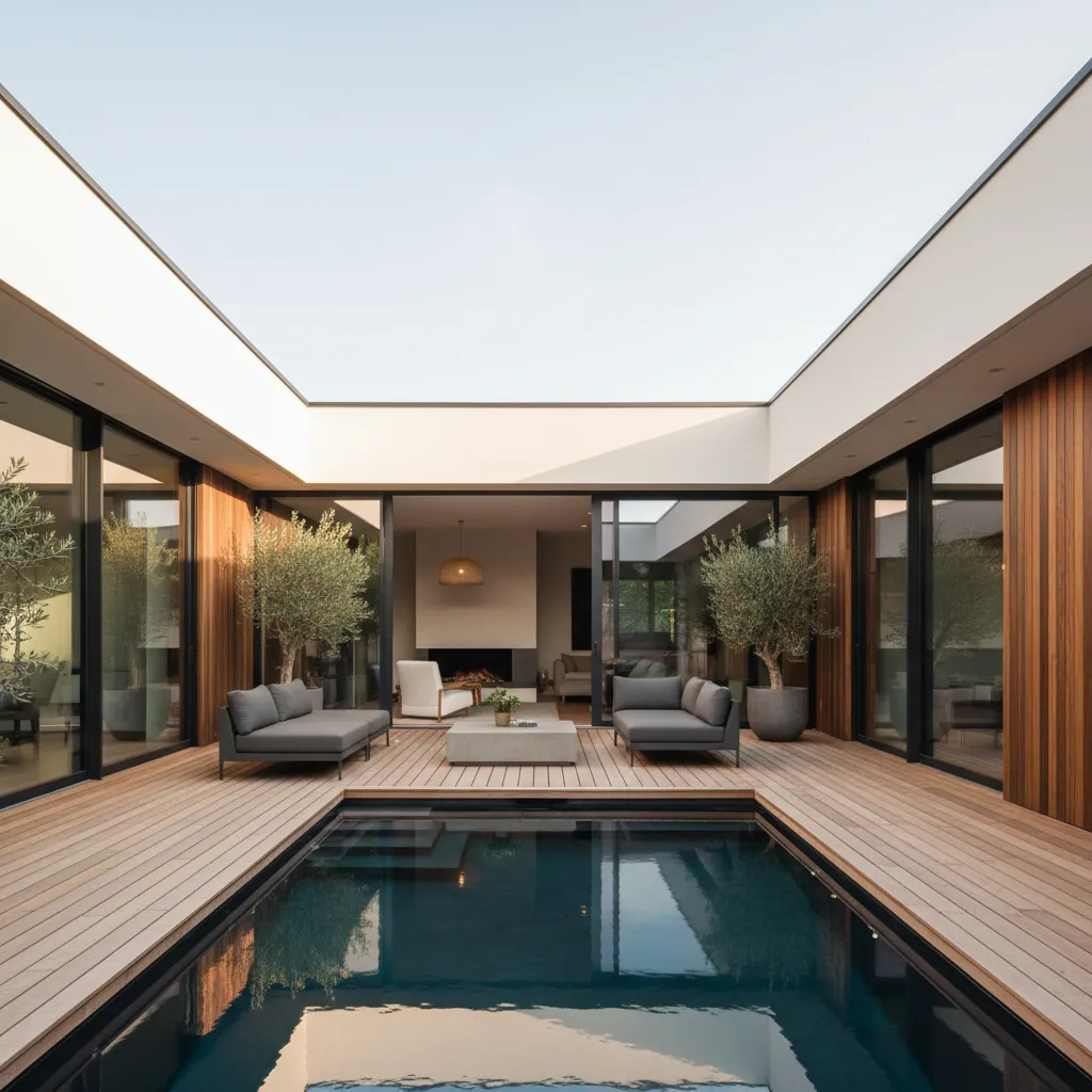 Vista desde el patio interior de una casa moderna en forma de L