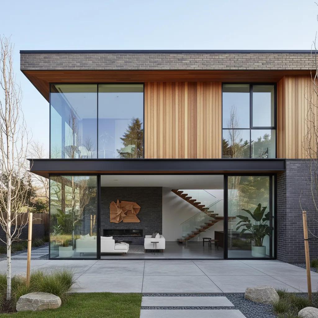 Casa moderna con ladrillo visto combinado con vidrio y madera