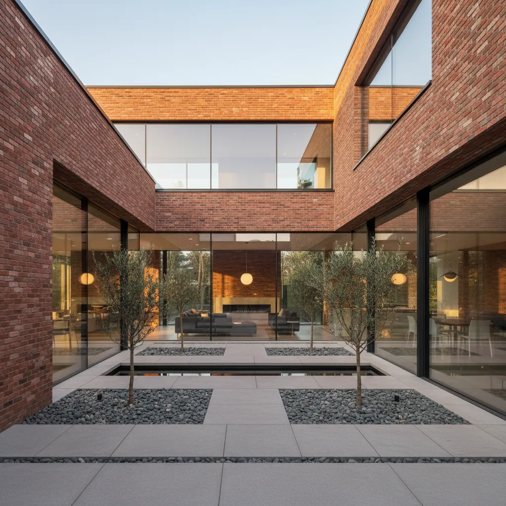 Casa de ladrillo visto con patio moderno y grandes ventanales