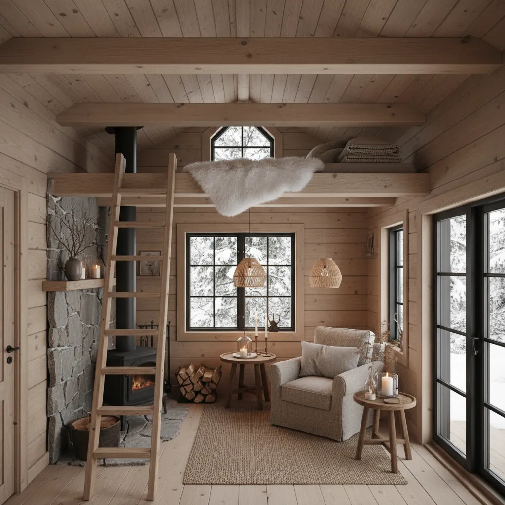 interior de casa pequeña con altillo de madera