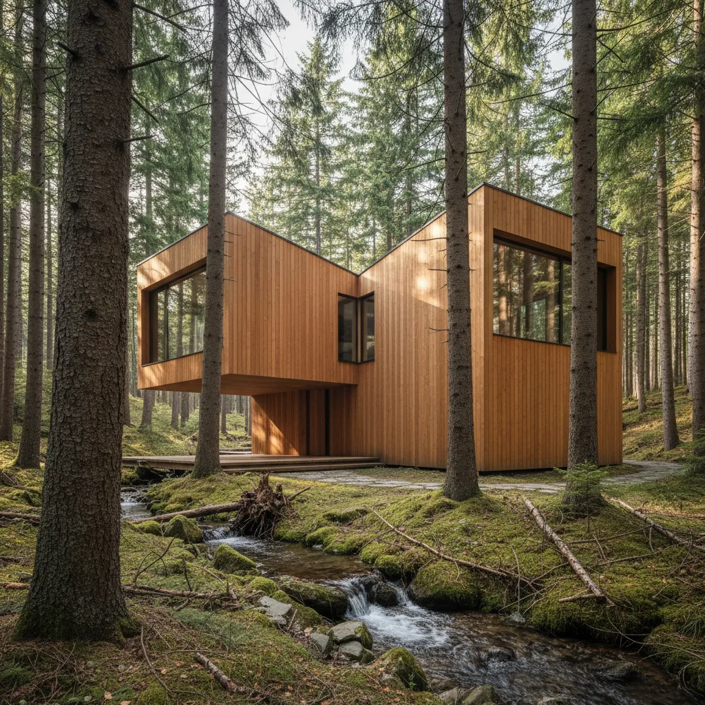 Casa de madera entre árboles altos en un bosque natural