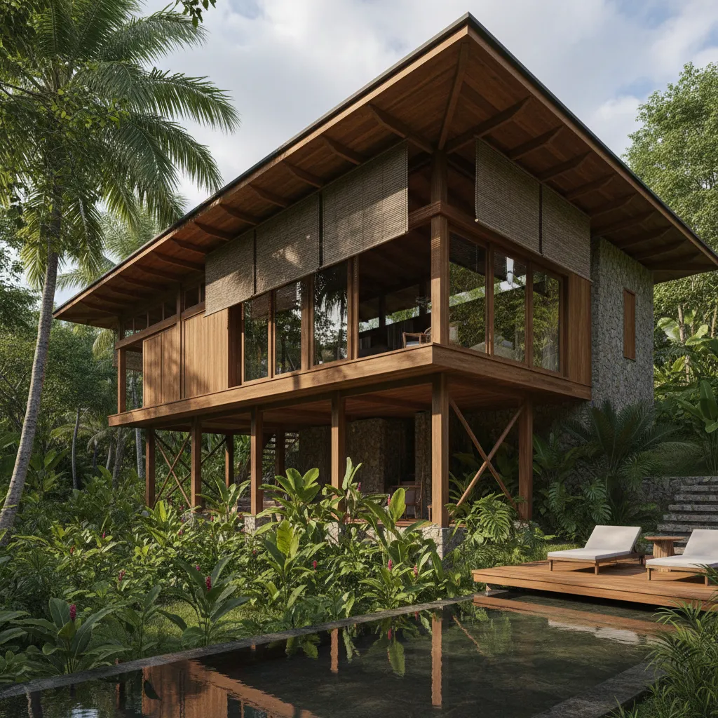 Modern two floor wooden house with stone walls, tropical plants, swimming pool, and lounge chairs