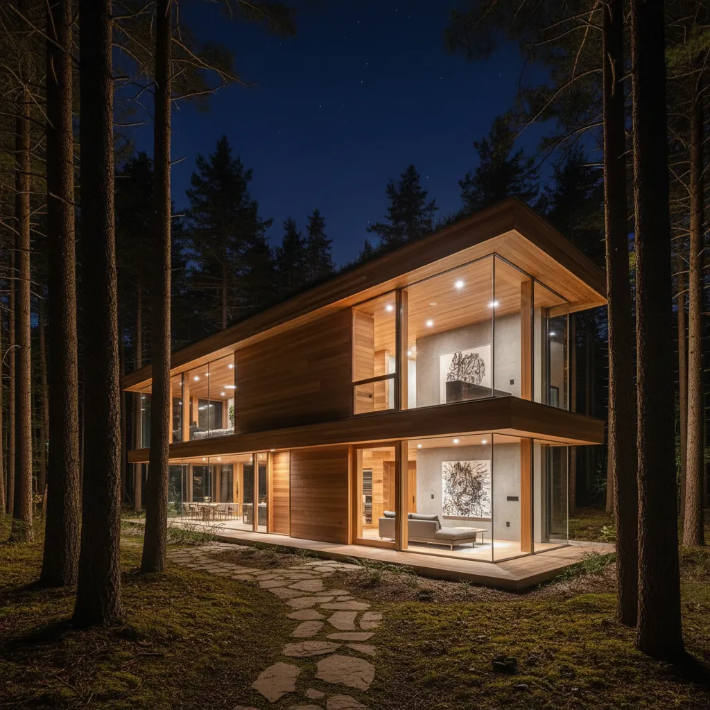 Casa de madera moderna iluminada por la noche con grandes ventanales