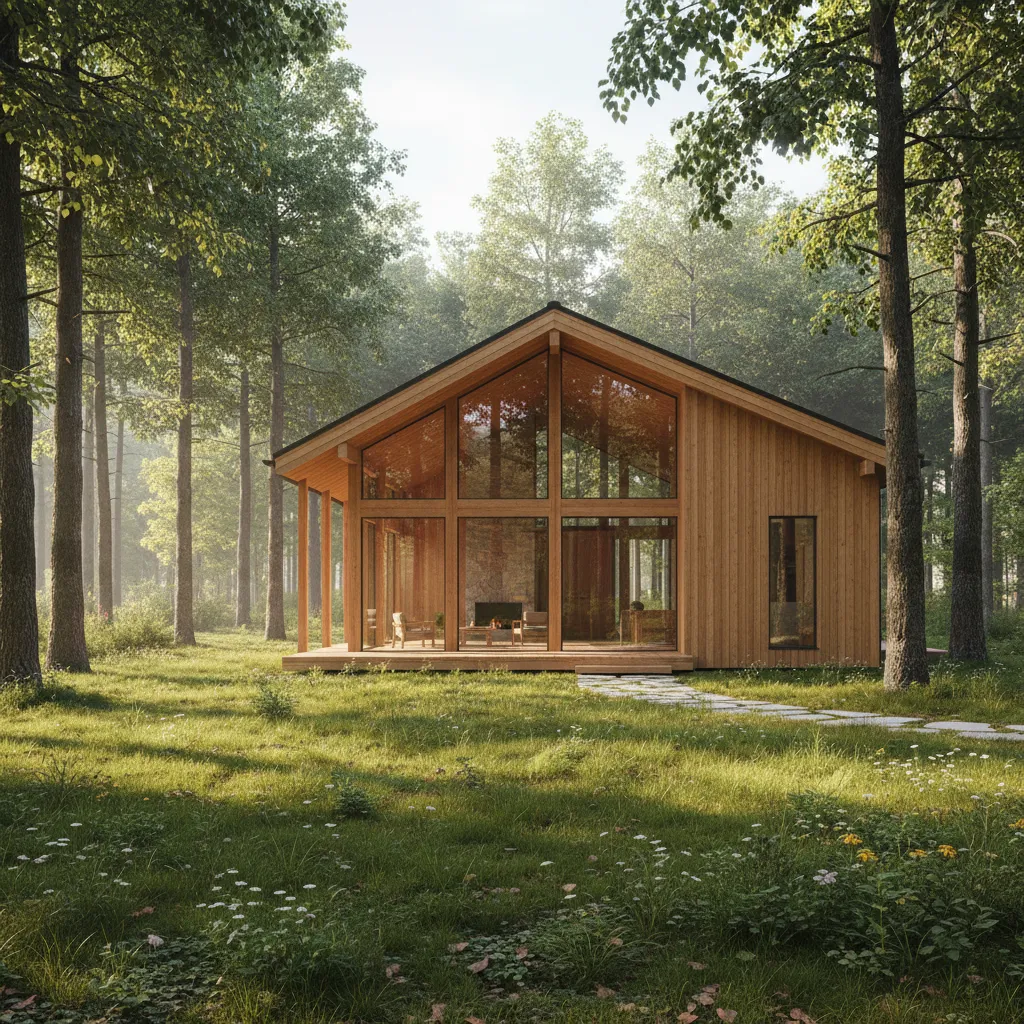 Casa moderna de madera con grandes ventanas en entorno natural