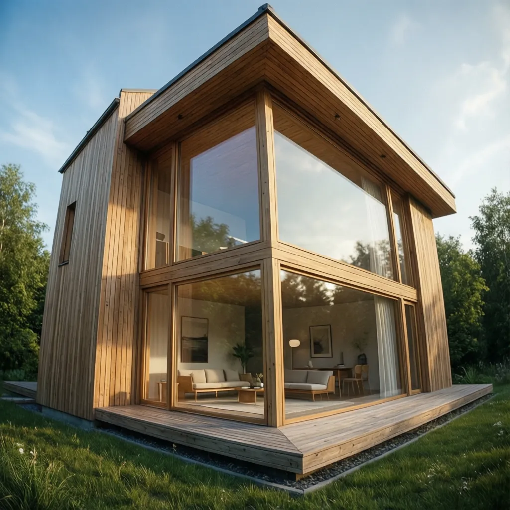Casa de madera moderna con grandes ventanales y diseño minimalista
