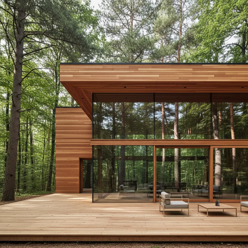 Exterior de una casa de madera moderna con terraza y grandes ventanales