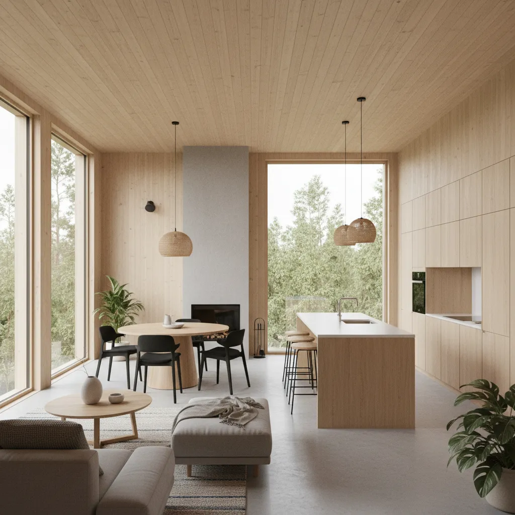 Modern open kitchen and dining area with wood walls ceiling light island fireplace and large windows