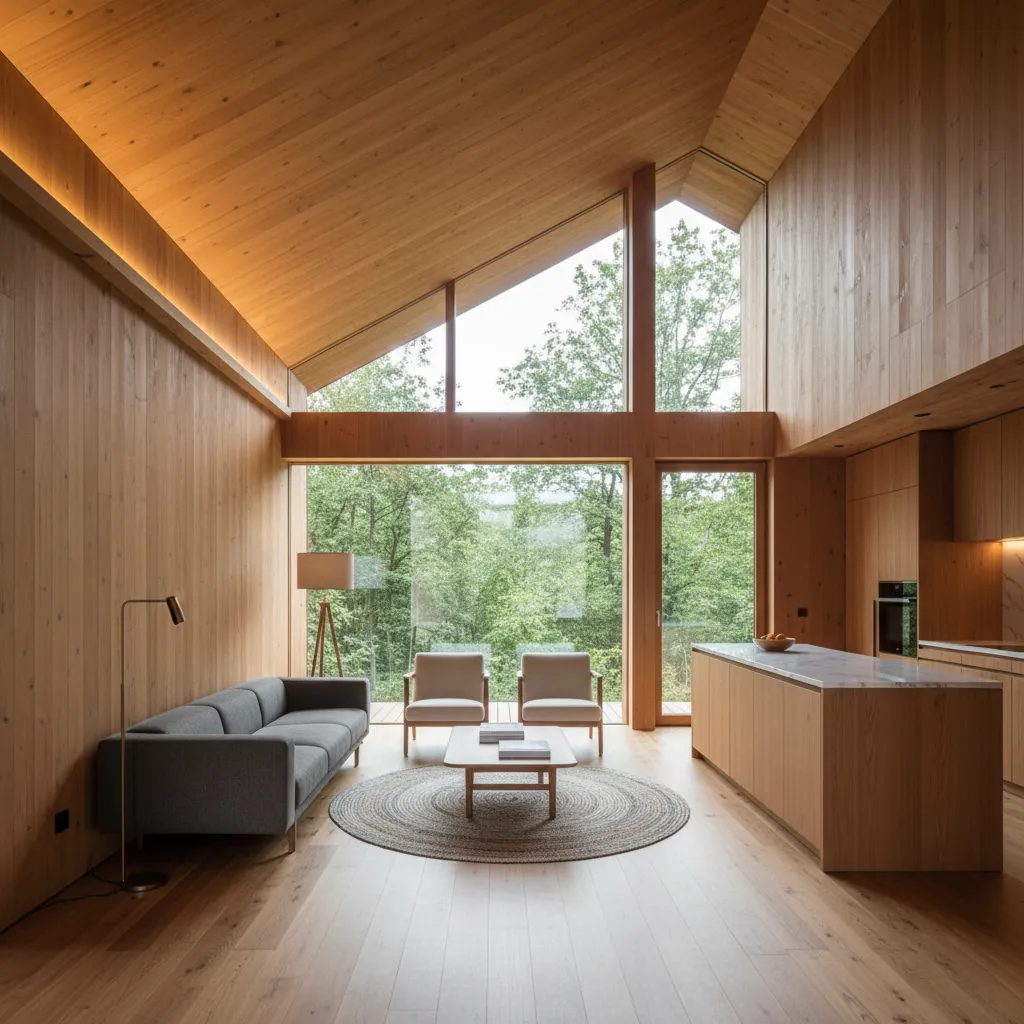 Interior moderno de casa de madera con grandes ventanales