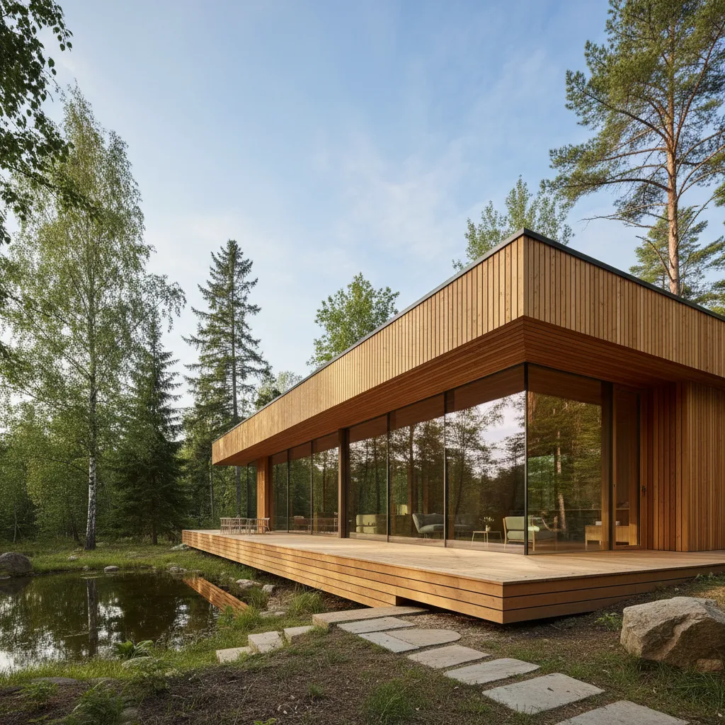 Modern wood house exterior with large glass windows, wooden deck, and a small peaceful pond.