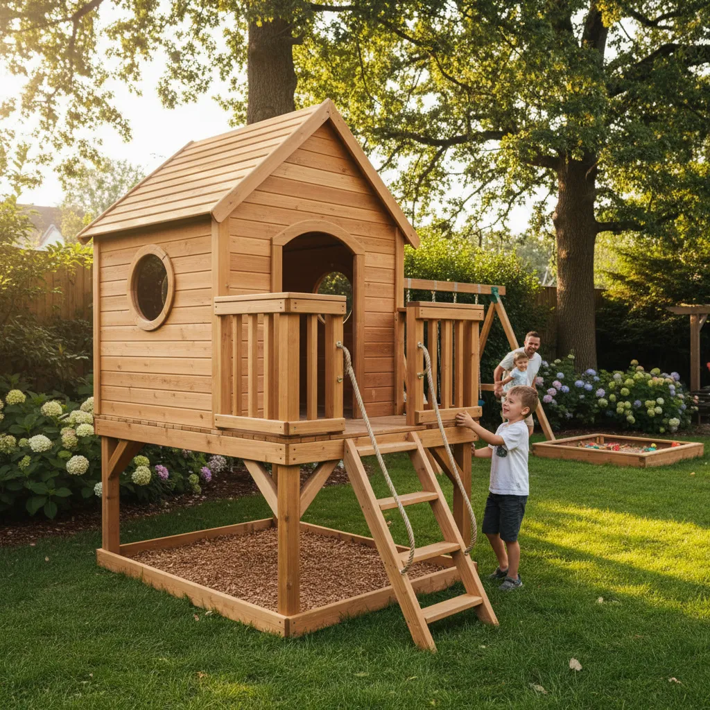 Casa de madera para niños ligeramente elevada con escalera