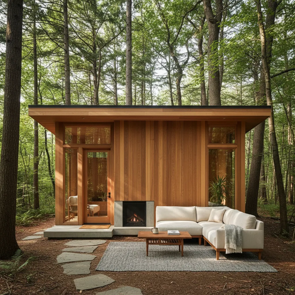 Modern small wooden cabin in a forest featuring outdoor sofa coffee table fireplace and stone path