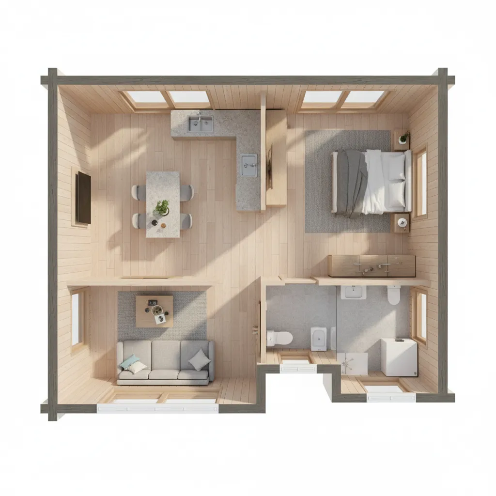 Plano interior de una casa pequeña de madera con distribución eficiente