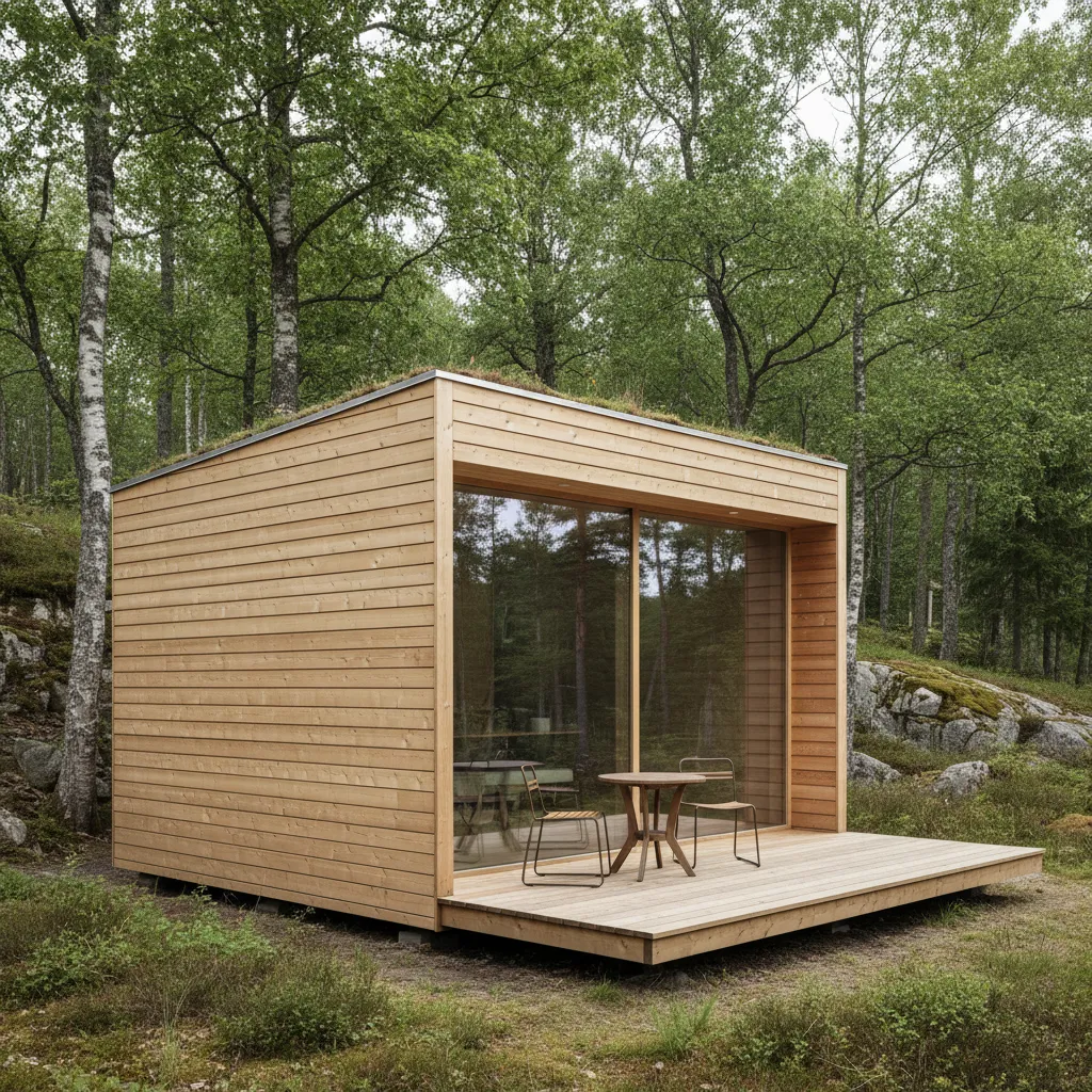 Pequeña casa moderna de madera con diseño minimalista