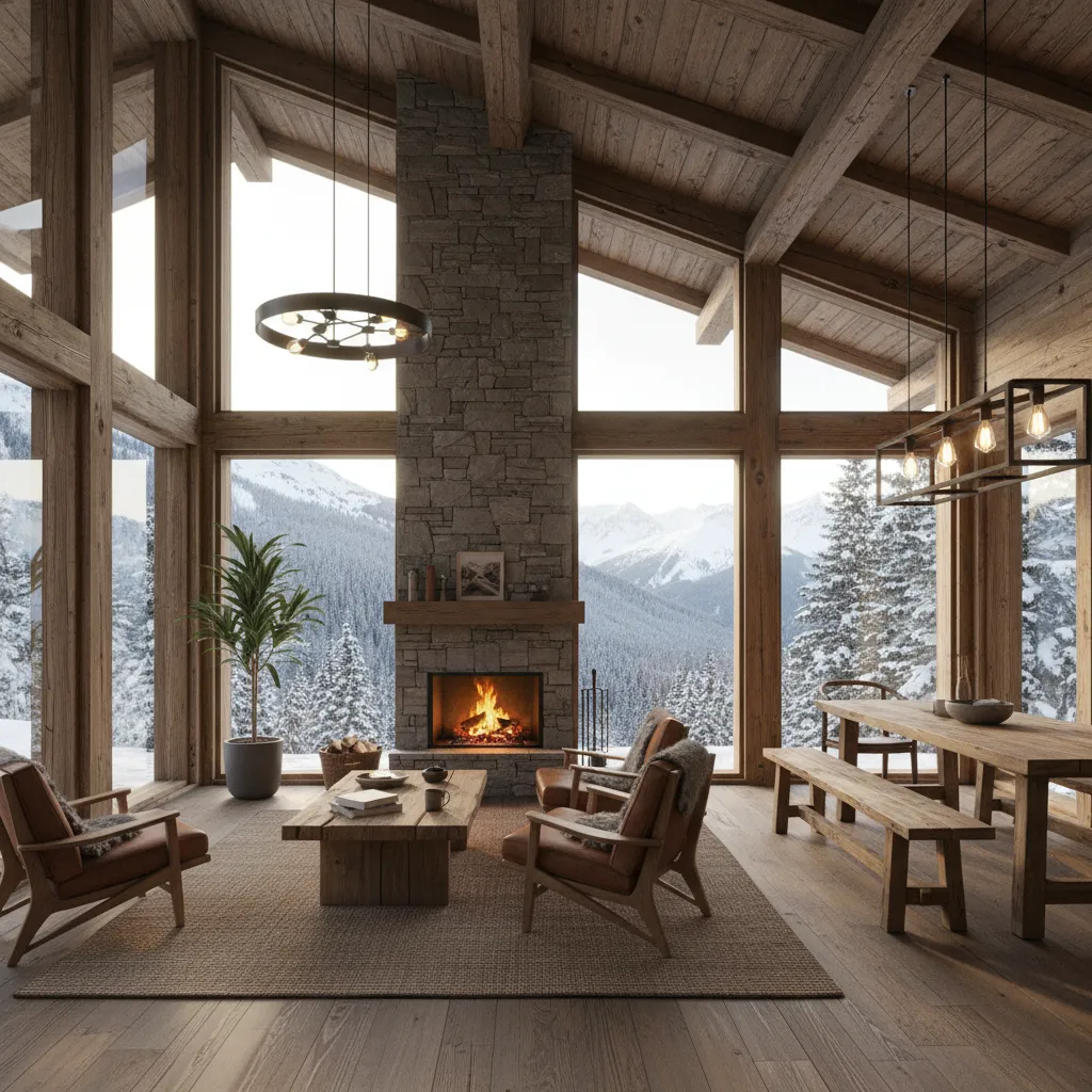 Modern cabin living room with stone fireplace wood dining table leather chairs and mountain view