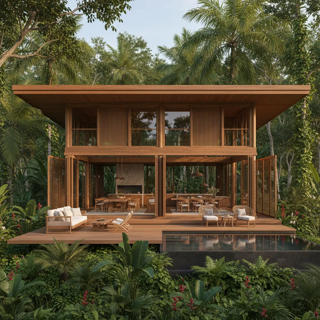 Modern wooden house with open living area outdoor furniture swimming pool and lush tropical plants
