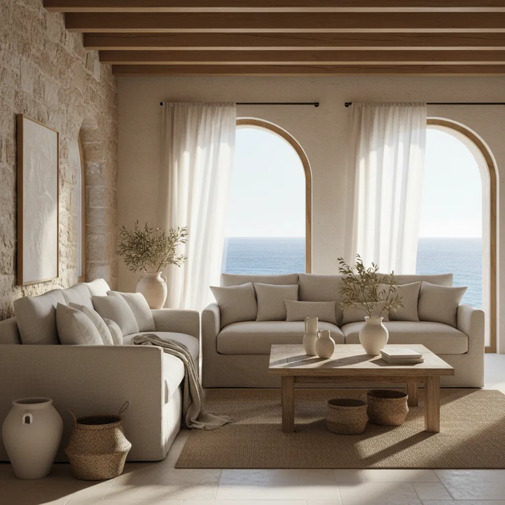 Interior luminoso de una vivienda mediterránea con tonos neutros