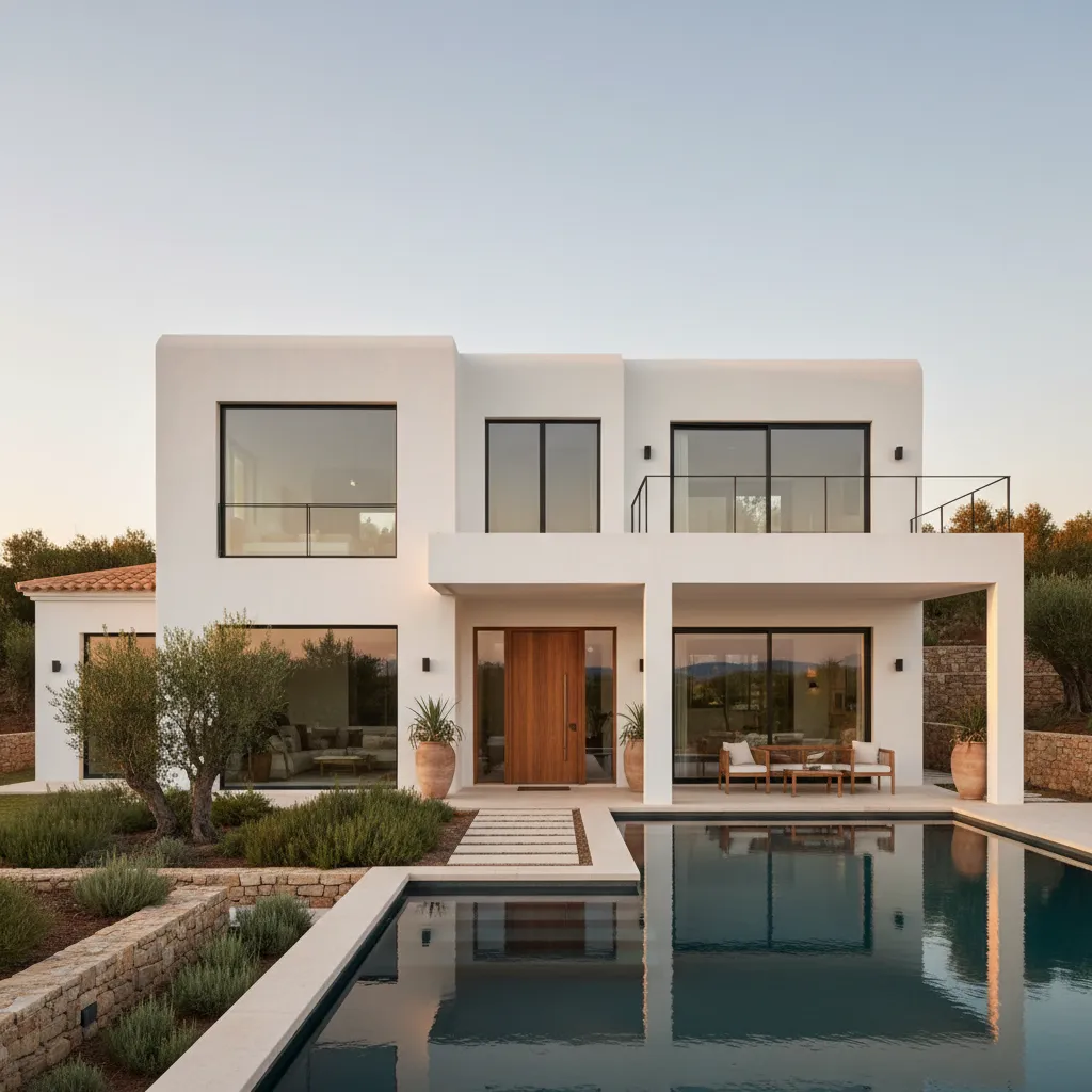 Casa mediterránea moderna con ventanas negras y diseño minimalista