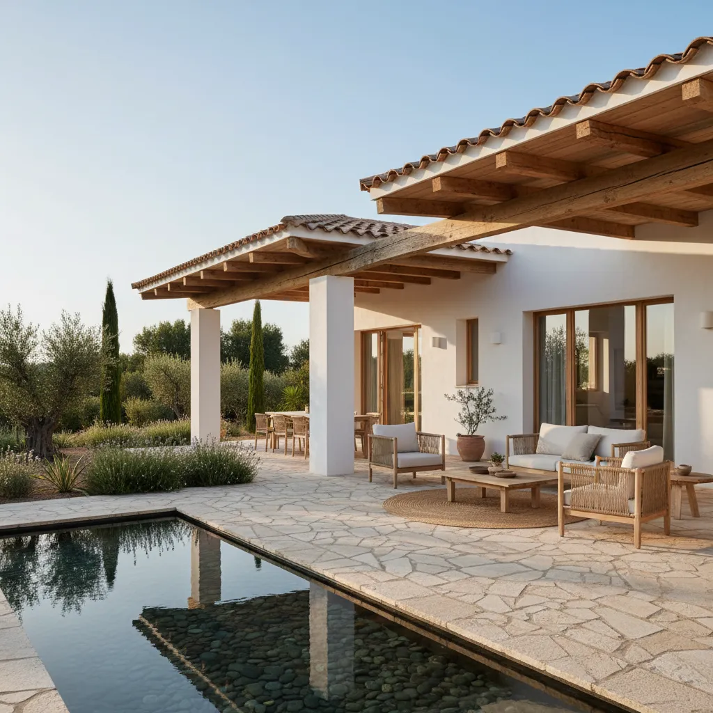Casa mediterránea con grandes aleros que generan sombra