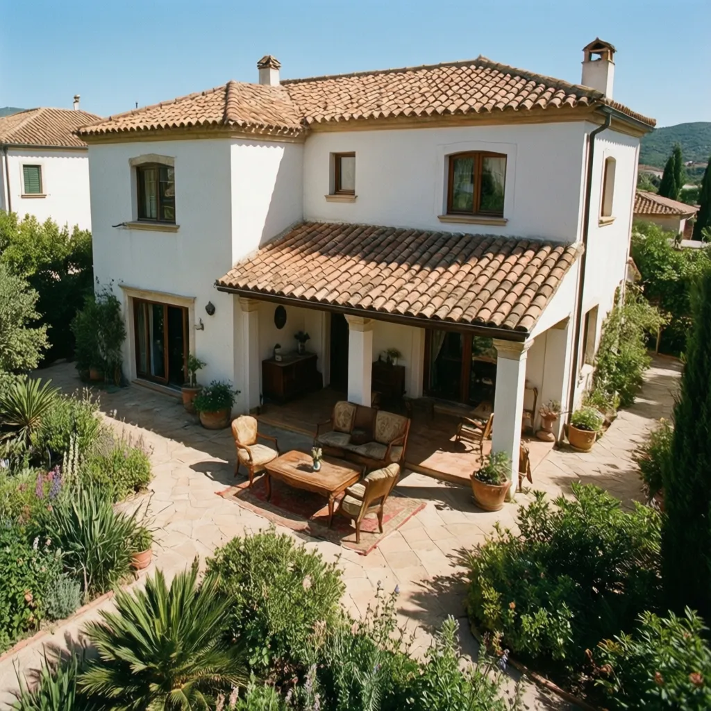 Casa mediterránea blanca con tejado de tejas y patio exterior