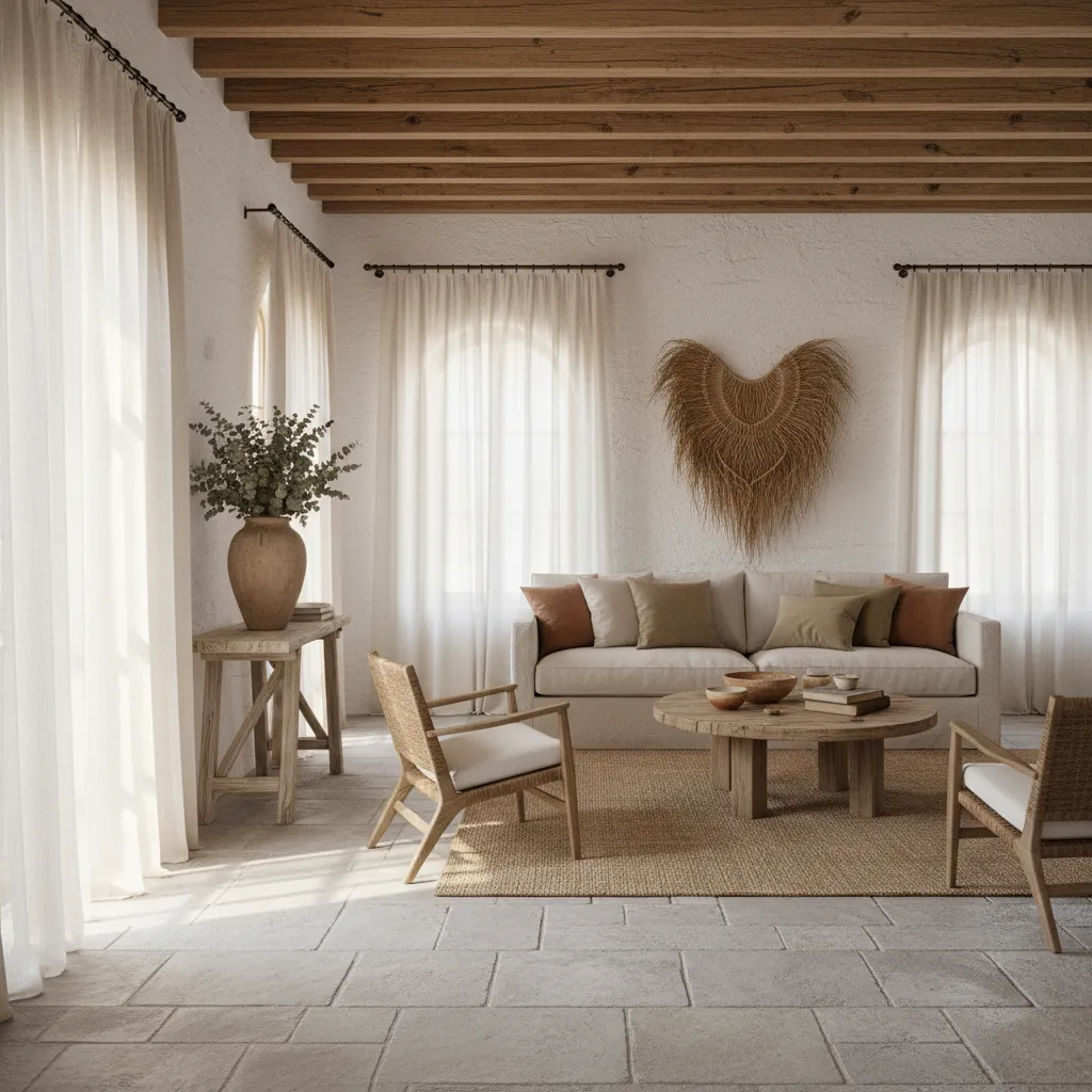 Rustic Mediterranean living room with wooden ceiling beams white sofa woven rug and stone floor