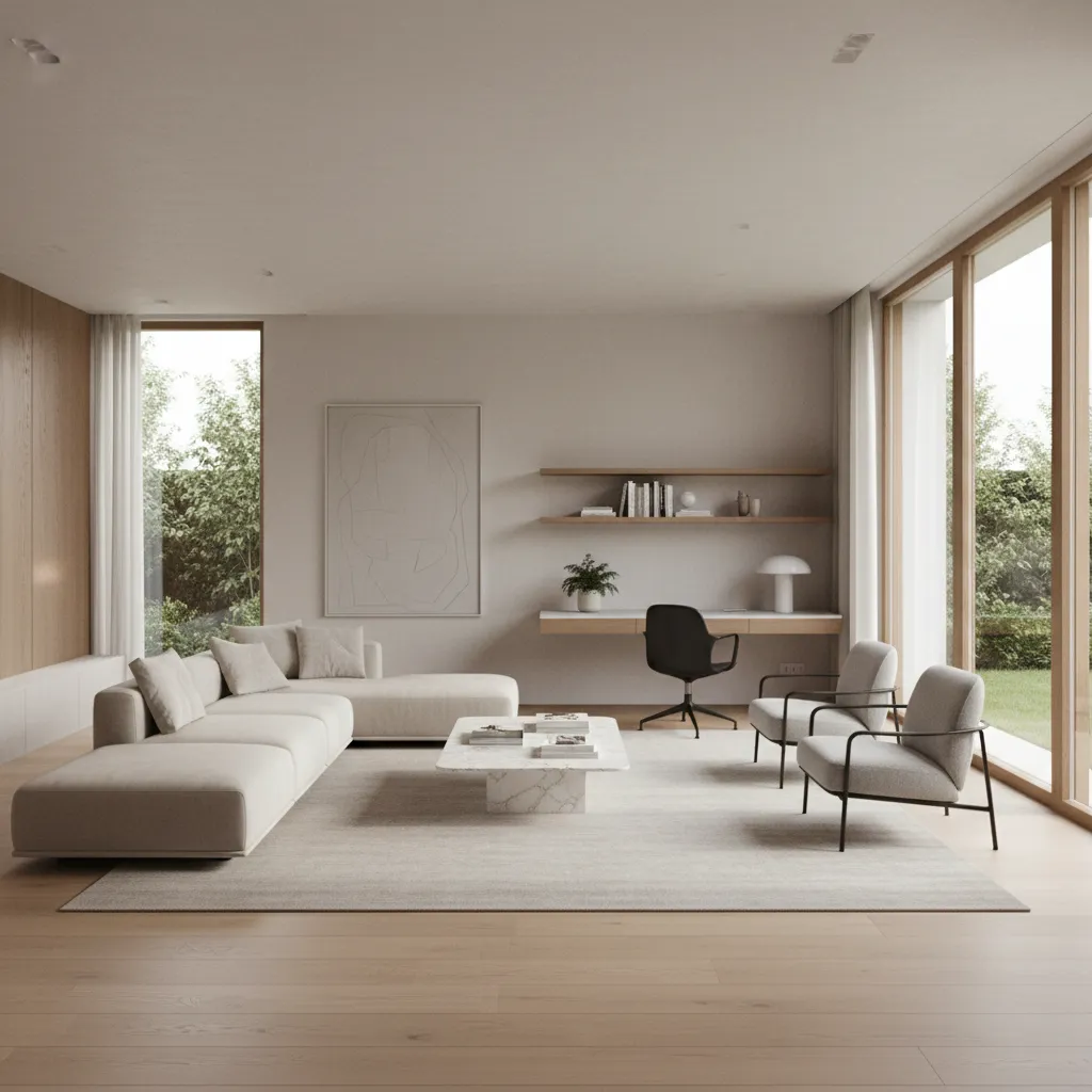 interior de casa moderna com sala integrada e escritório visível