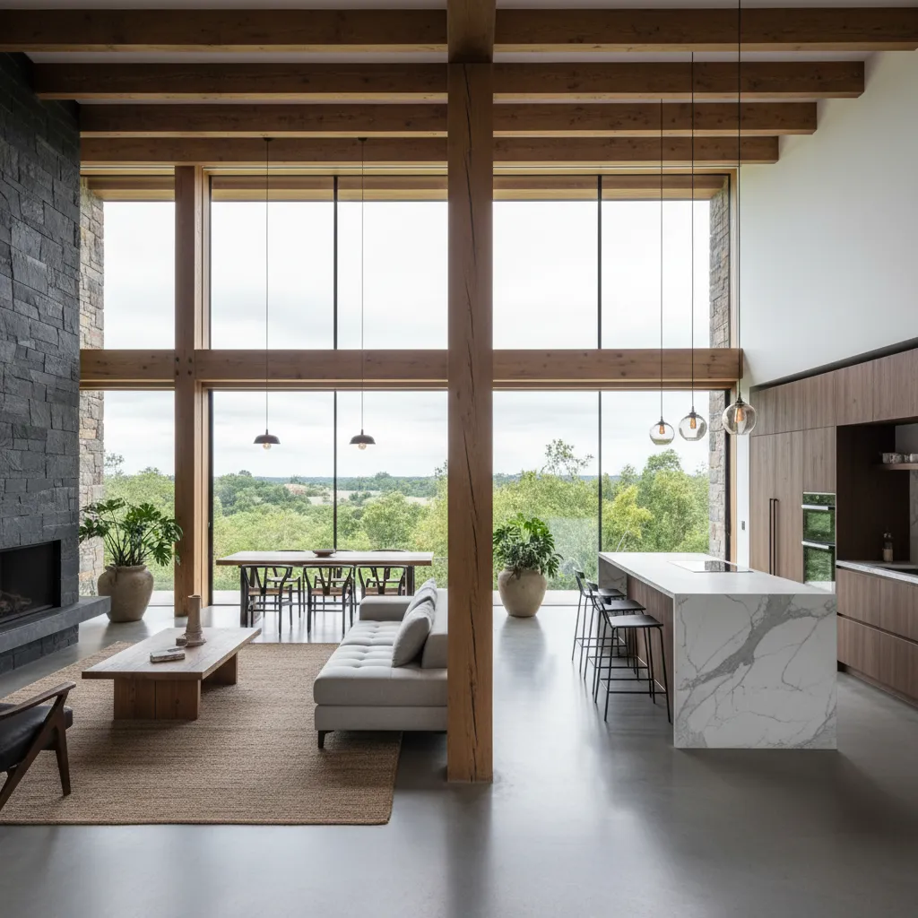 Modern open plan living space with marble kitchen island sofa wood beams and large windows