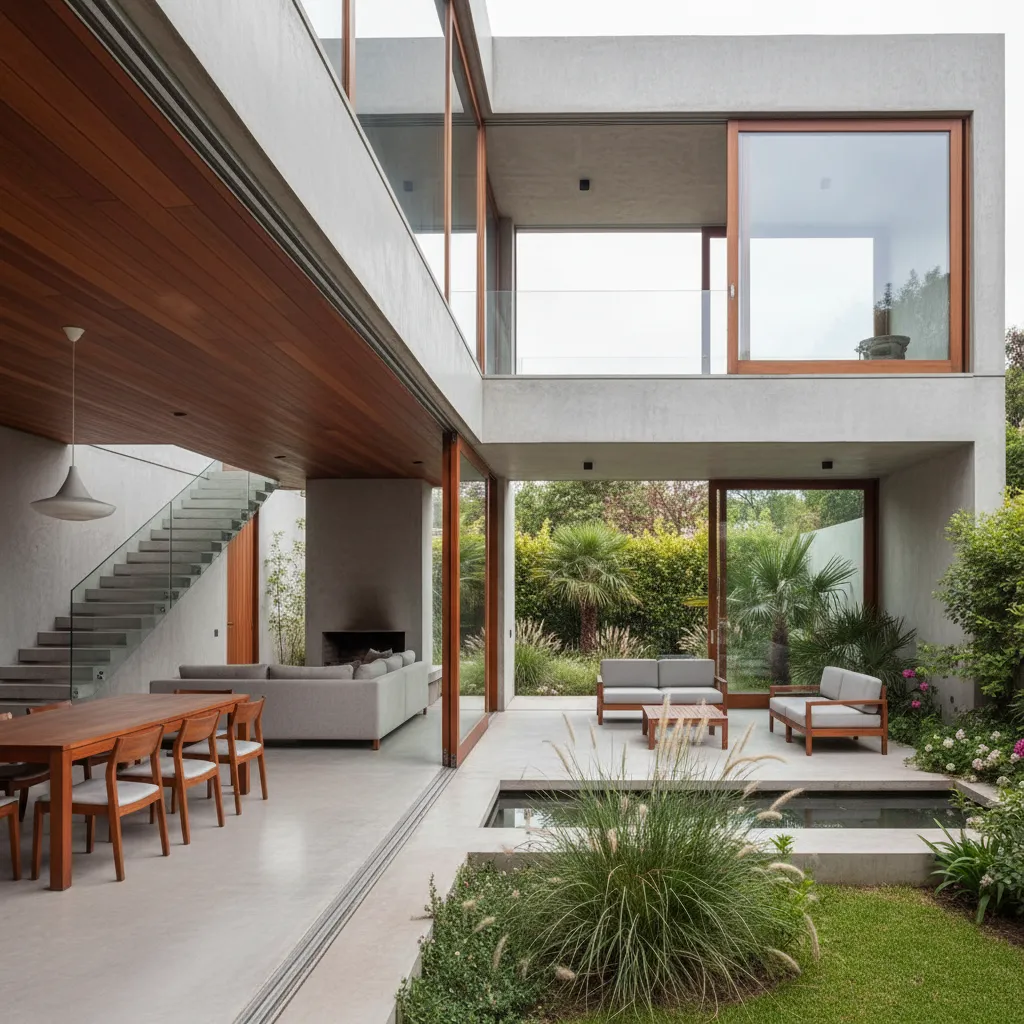 Modern house with glass walls, wooden ceiling, indoor dining, outdoor seating, and small garden pool